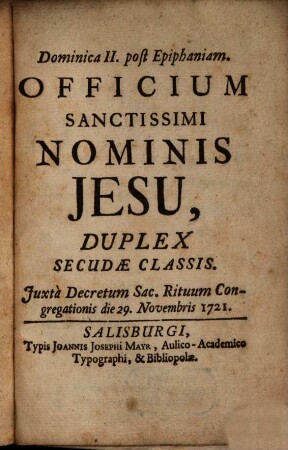 Officium sanctissimi Nominis Jesu duplex : secundum classis