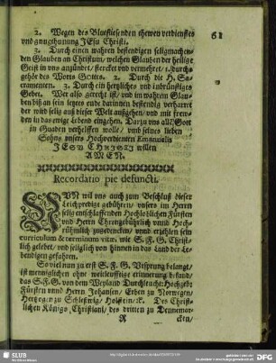 Recordatio pie defuncti. ... Beschluß ...