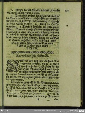 Recordatio pie defuncti. ... Beschluß ...