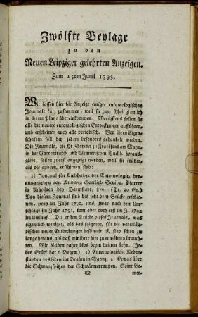 Zwölfte Beylage zu den Neuen Leipziger gelehrten Anzeigen. Zum 15ten Junii 1793.