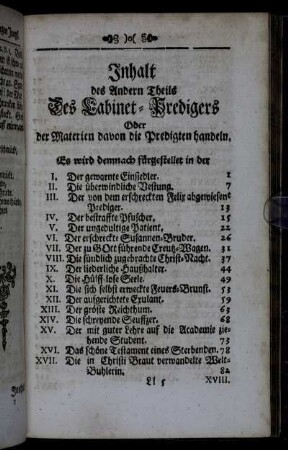 Inhalt des Andern Theils Des Cabinet-Predigers der Materien davon die Predigten handeln.