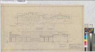 Dortmund VBf, Blatt 3: Rechter Lokschuppen Stand 1-8, Schiebebühne 1, Achssenkhalle: Schnitte [Abgelegt in Mappe: "Entwürfe von Th V", Beschriftung Deutsch/Englisch], M. 1:100 Hgl, Sknr.: 4, Fanr.: 12