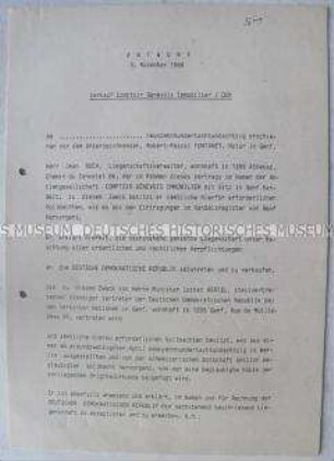 Entwurf eines Kaufvertrages zwischen einer Schweizer Immobilienfirma und der Regierung der DDR (blanko)