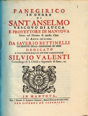 Panegirico in onore di Sant'Anselmo vescovo di Lucca