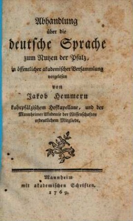 Abhandlung über die deutsche Sprache zum Nutzen der Pfalz