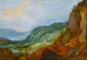Berglandschaft mit vier Reitern und zwei Bettlern