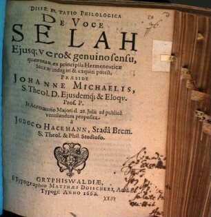 Diss. philol. de voce Selah, eiusque vero et genuino sensu