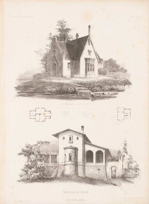 Jagdhäuschen, Babelsberg / Portierhaus, Glienicke: Grundrisse, Perspektivische Ansichten (aus: Architektonisches Skizzenbuch, H. 1, 1852)