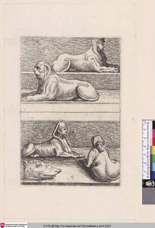 [Vier Sphingen und der Kopf eines Monsters; Four sphinxes and the head of a monster]