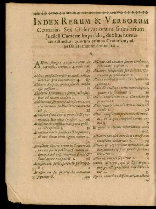 Index Rerum & Verborum Centurias Sex Observationum singularium Iudicii Camerae Imperialis, ...