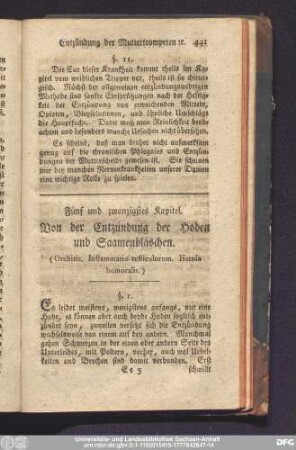Fünf und zwanzigstes Kapitel. Von der Entzündung der Hoden und Saamenbläschen.