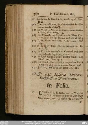 Classis VII. Historia Literaria, Ecclesiastica & naturalis.