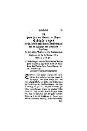 Herrn Paul von Stetten, des jüngern Erläuterungen der in Kupfer gestochenen Vorstellungen aus der Geschichten der Reichsstadt Augsburg, In historischen Briefen an ein Frauenzimmer : Augsburg, bey C. H. Stage, 1765