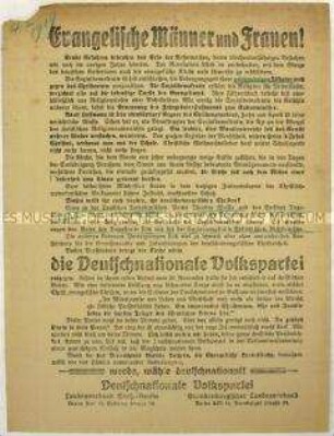 Aufruf der Deutschnationalen Volkspartei in Groß-Berlin und Brandenburg an die evangelischen Frauen und Männer zum Beitritt und zur Wahl der Nationalversammlung 1919