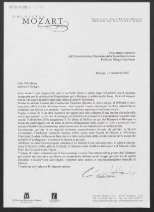 Brief an Giorgio Napolitano, 13.11.2007
