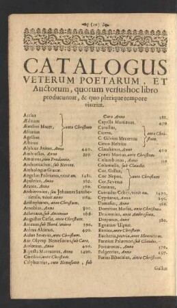 Catalogus Veterum Poetarum, Et Auctorum, quorum versus hoc libro producuntur, & quo plerique tempore vixerint.
