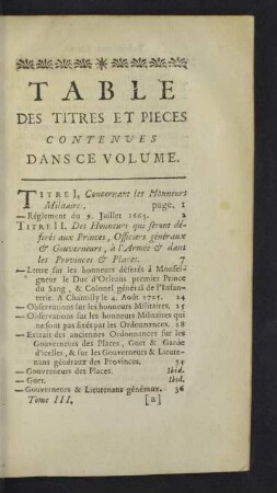 Table des titres et pieces
