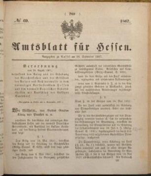 № 69. Ausgegeben zu Cassel am 18. September 1867.
