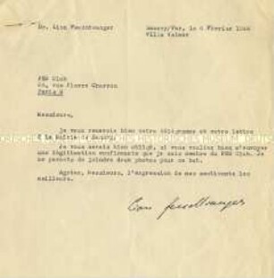 Handsignierter Brief von Lion Feuchtwanger an den PEN-Club in Paris (in französischer Sprache)