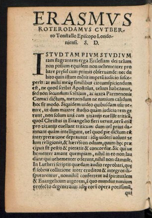 Erasmus Roterodamus Cutberto Tonstallo Episcopo Londoniensi. S. D.