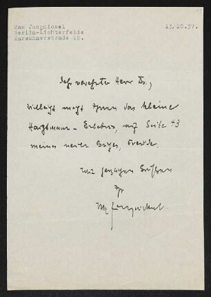 Brief von Max Jungnickel an Gerhart Hauptmann