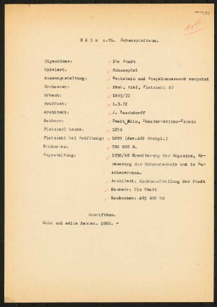 Schauspielhaus, Köln: Schriftstück zum Fragebogen für das Handbuch »Das Deutsche Theater«