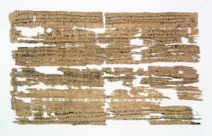 Fragment eines griechischen Papyrus : Hypomnema (Eingabe) des Ptolemaios aus Makedonien, eines Klausners im Serapeion von Memphis, an die königlichen Beamten Sarapion und Menneides. Fragment eines griechischen Papyrus, fol. verso. (Lieferschein und Warenbestellung). 1 Blatt, vorder- und rückseitig beschrieben, Altgriechisch, Kalamos auf Papyrus mit Tinte; 33 x 20 cm. Ägypten, 163 v. Chr.. Dresden: SLUB Mscr.Dresd.R.306