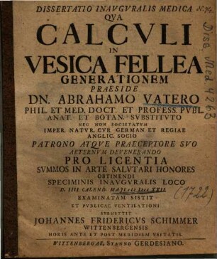 Dissertatio Inavgvralis Medica Qva Calcvli In Vesica Fellea Generationem