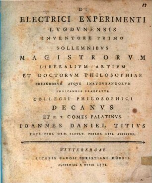 De electrici experimenti Lugdunensis inventore primo