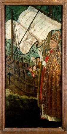 Hl. Nikolaus rettet ein in Seenot befindliches Schiff - untere Teil des linken Innenflügels eines Retabels aus der Katharinekirche