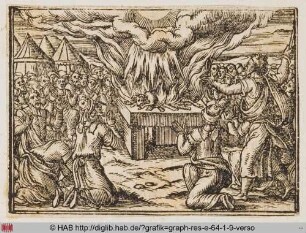 Moses und das Volk Israel bei der Darbringung eines Widders auf dem Opferaltar.
