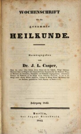 Wochenschrift für die gesammte Heilkunde. 1842