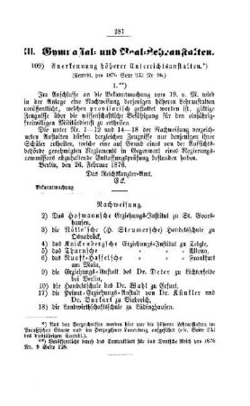 Anerkennung höherer Unterrichtsanstalten : [III. Gymnasial- und Real-Lehranstalten]