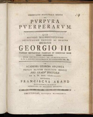 Dissertatio Inauguralis Medica De Purpura Puerperarum