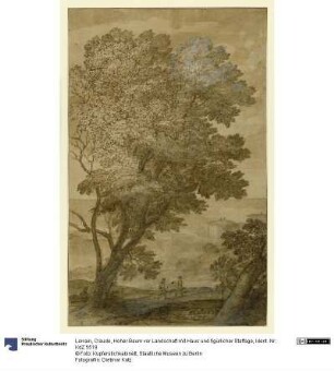 Hoher Baum vor Landschaft mit Haus und figürlicher Staffage