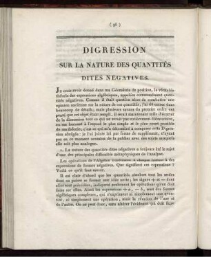 Digression sur la nature des quantités dites négatives.