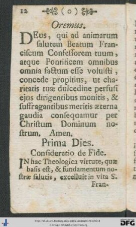 Prima Dies. Consideratio de Fide.