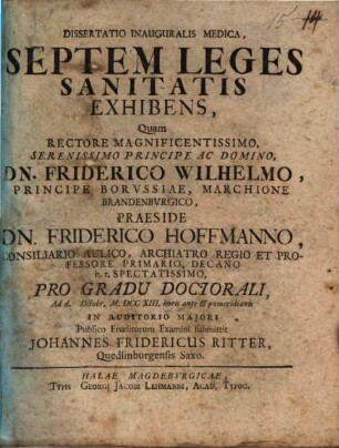 Dissertatio Inauguralis Medica, Septem Leges Sanitatis Exhibens