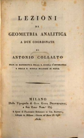 Lezioni di geometria analitica a due coordinate
