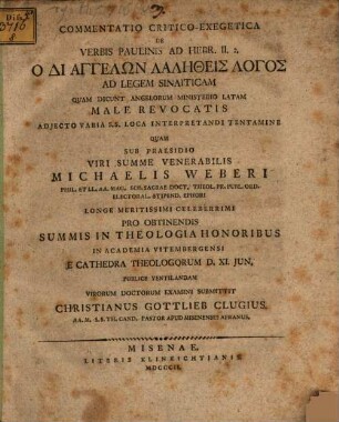 Commentatio crit. exeg. de verbis Paulinis ad Hebr. II,2 ... ad legem Sinaiticam ... male revocatis