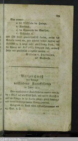 Verzeichniß des Ertrags verschiedener Kartoffelsorten im Jahre 1822