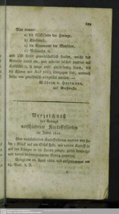 Verzeichniß des Ertrags verschiedener Kartoffelsorten im Jahre 1822