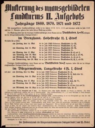 "Musterung" des unausgebildeten Landsturms II. Aufgebot der Jahrgänge 1869 bis 1872. Bekanntgabe der Musterungstermine und -bestimmungen