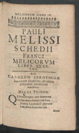 Pauli Melissi Schedii Franci Melicorum Liber Quartus.