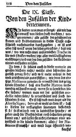 Die IX. Classe. Von den Zufällen der Kind-betterinnen.