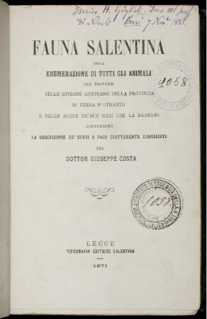 [1]: Fauna Salentina Ossia Enumerazione Di Tutti Gli Animali Che Trovansi Nelle Diverse Contrade Della Provincia Di Terra D'Otranto E Nelle Acque De'Due Mari Che La Bagnano. [1]