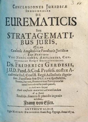 Conclusiones Juridicae Inaugurales De Eurematicis Seu Stratagematibus Juris