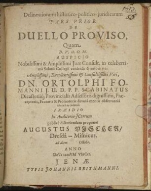 Delineationum historico-politico-iuridicarum Pars Prior De Duello Proviso
