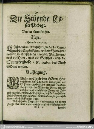 Die Sibende LasterPredigt. Von der Trunckenheit