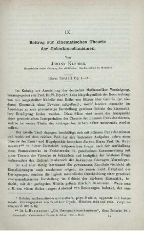 IX. Beitrag zur kinematischen Theorie der Gelenkmechanismen.
